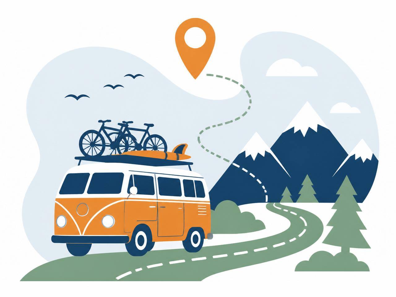 Illustration d'un van aménagé sur la route vers un village, avec un repère de destination